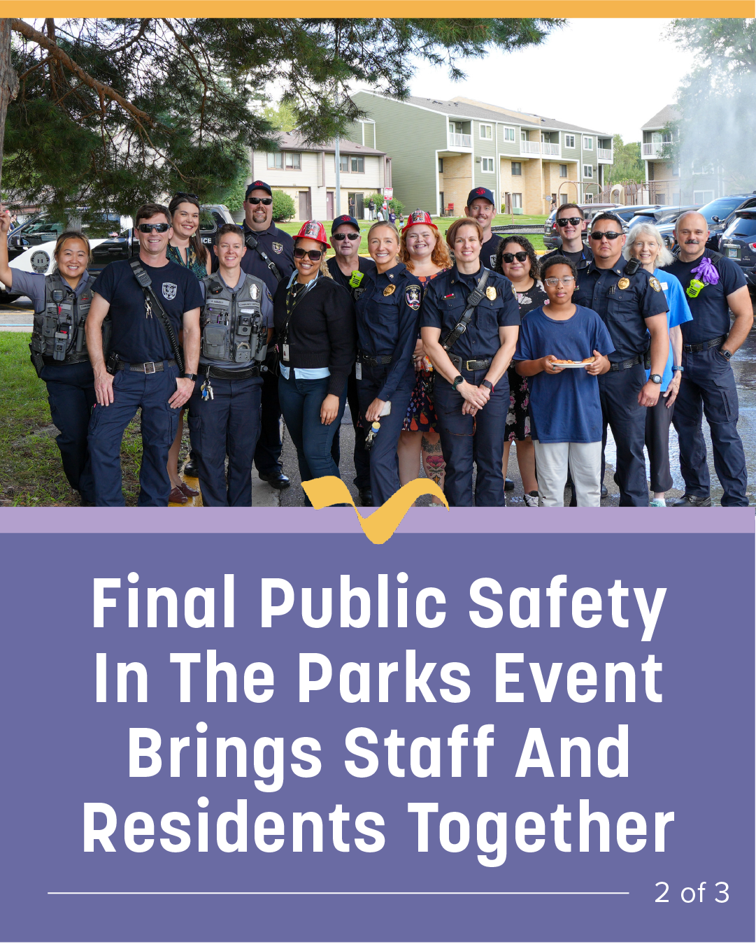 A group photo of staff in front of Dover Hills Apts with a caption