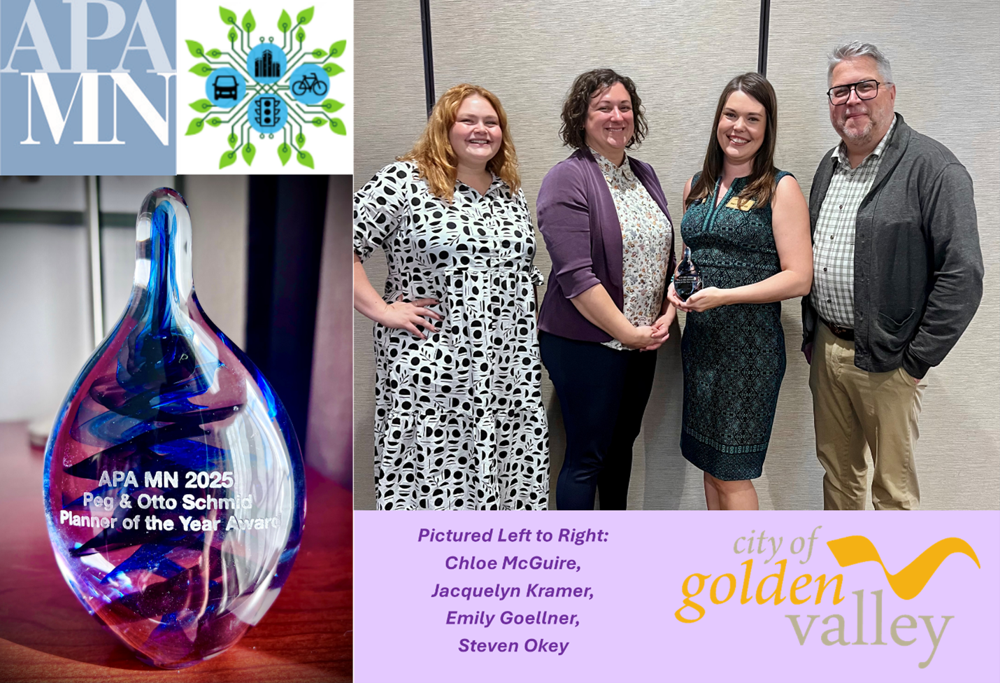 Emily Goellner holds her APA Award and poses with Chloe McGuire and Steven Oakey.